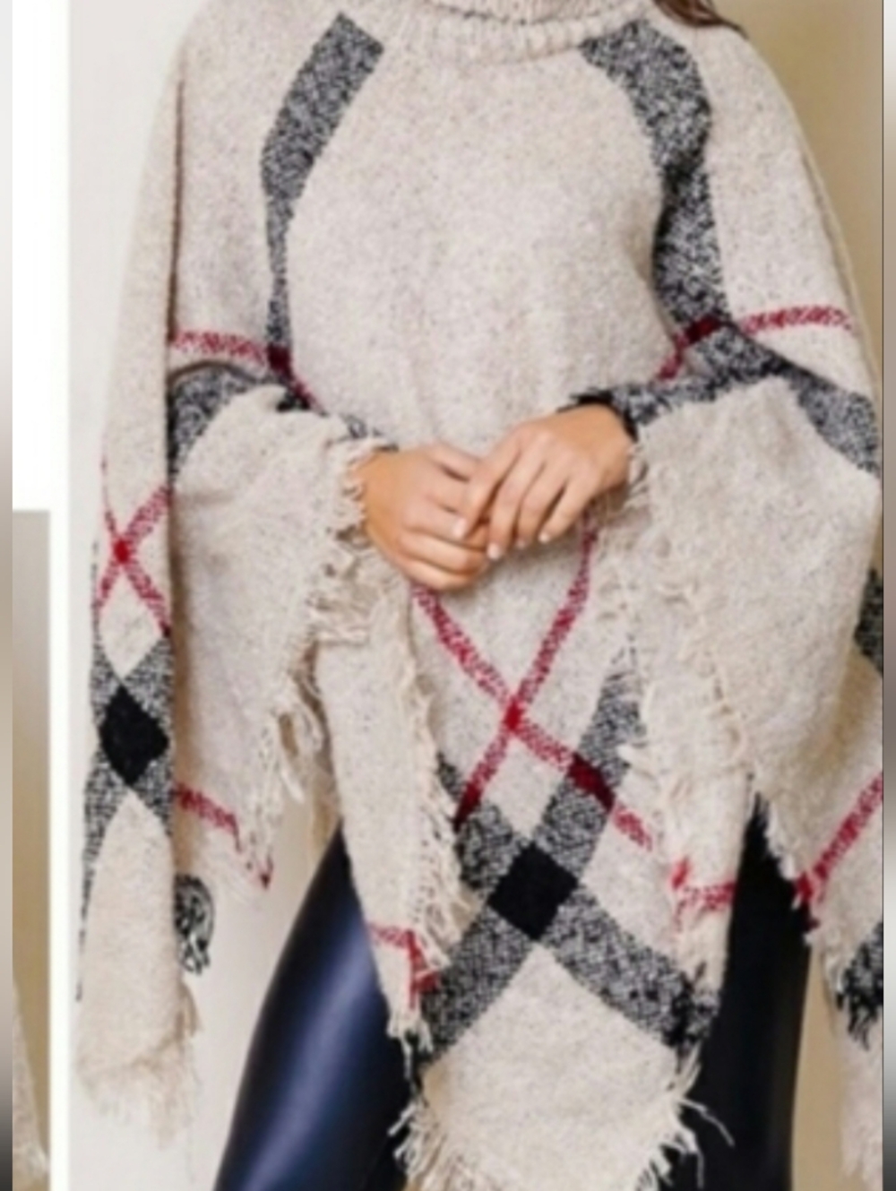 Turtleneck Poncho Shawl Wrap Cape with Fringe Trim One Size